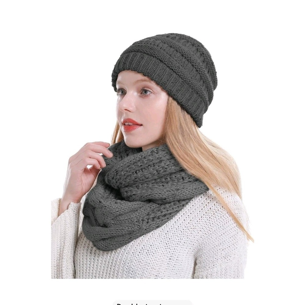 Double Couple Womens Gray Scarf Beanie Hat Set Thick Knit Winter Infinity Scarf